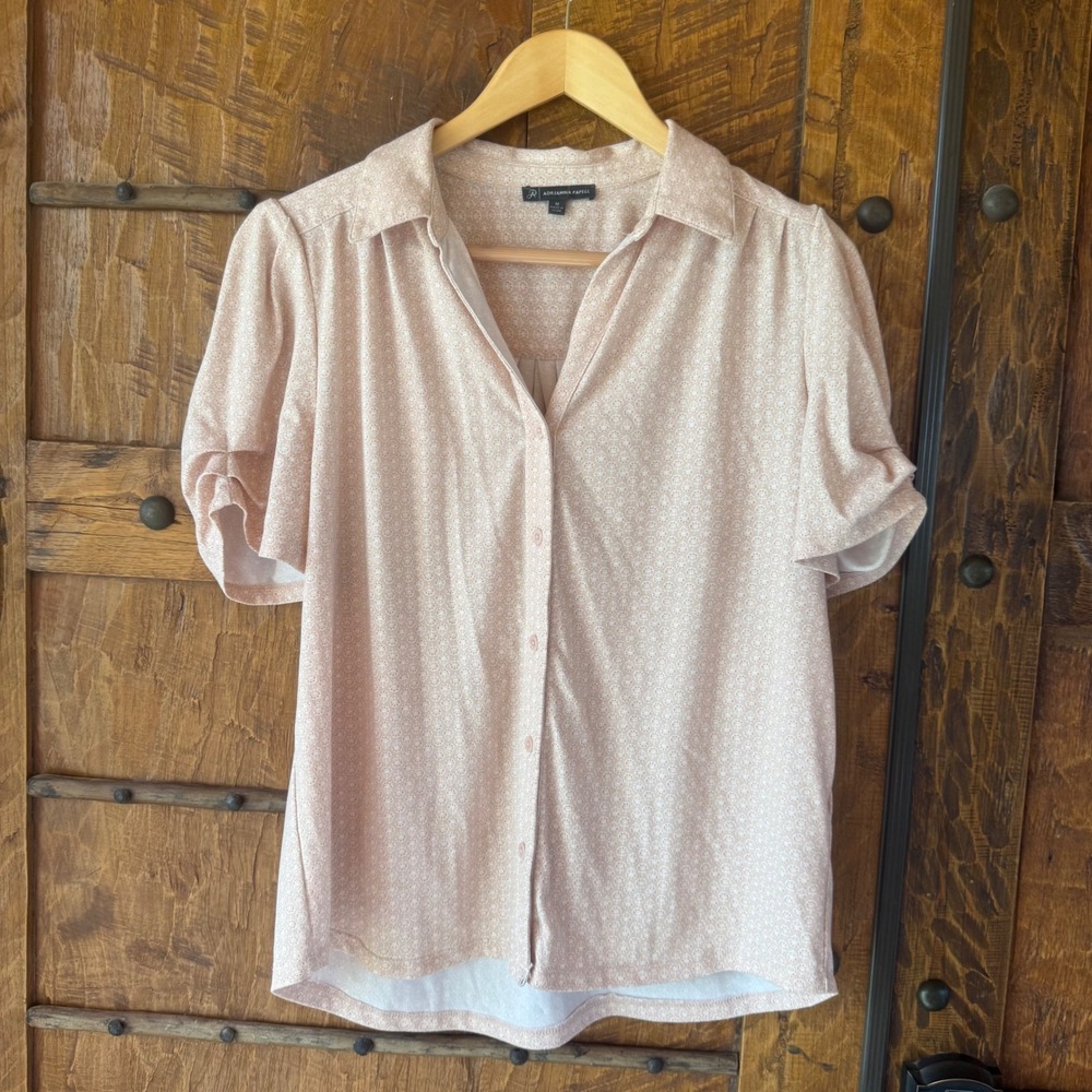Adrianna Papell Tulip Design Blouse Women M Peach Floral Ruched Sleeve Top